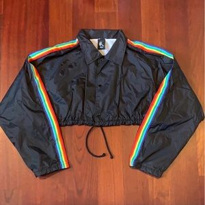 Cropped, Oversized Button Jacket (Rainbow Sleeves)